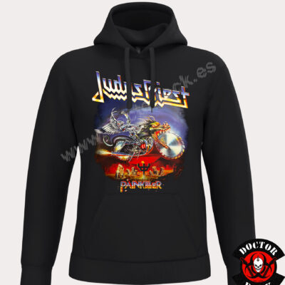 Sudadera negra Judas Priest Painkiller con capucha, bolsillo canguro y diseño del jinete metálico