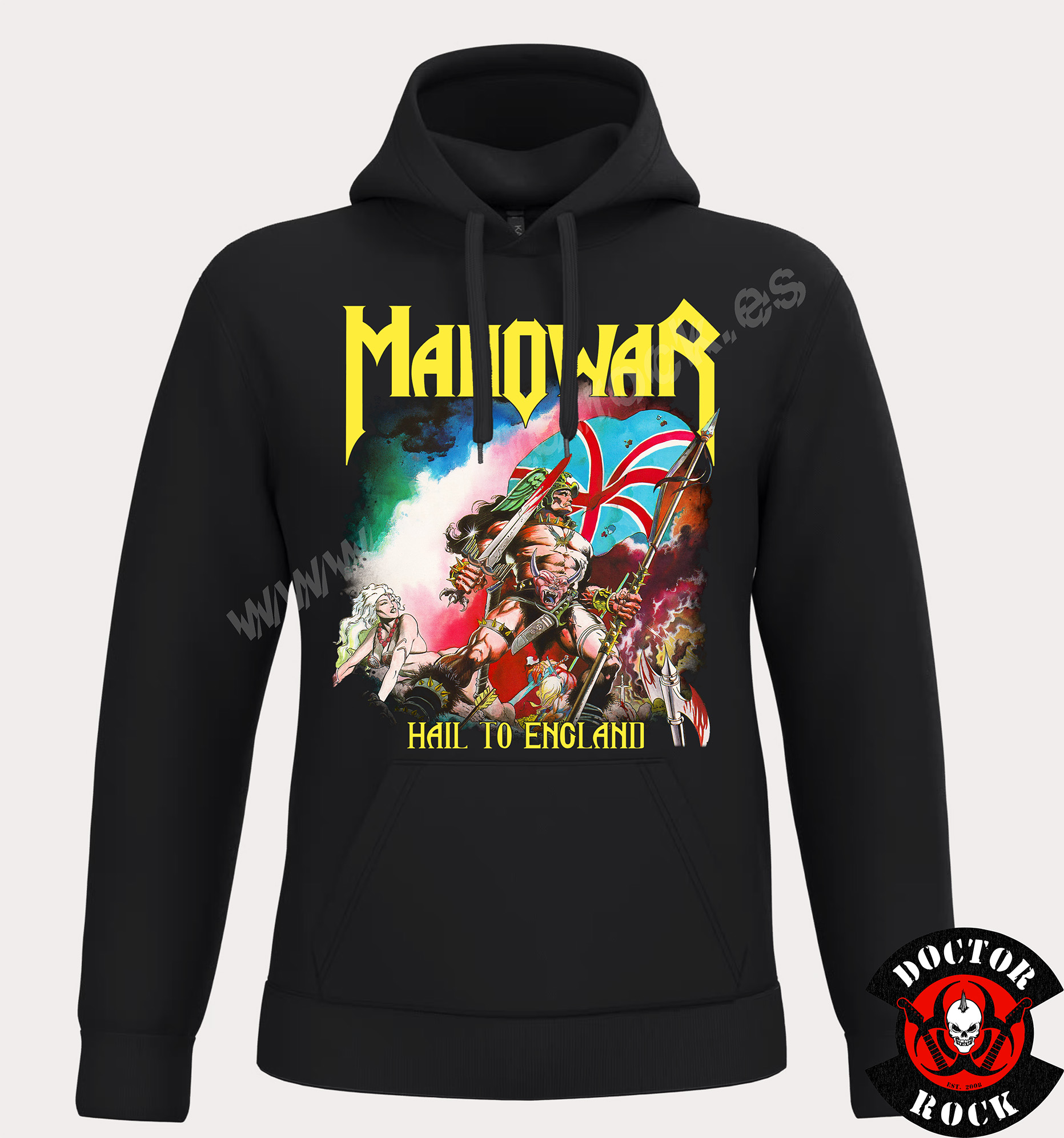 Sudadera negra Manowar Hail to England con capucha, guerrero y bandera británica
