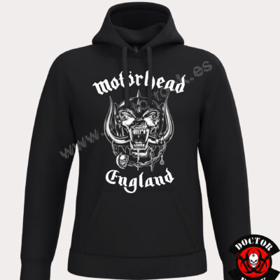 Sudadera negra Motörhead England con capucha, bolsillo canguro y Snaggletooth