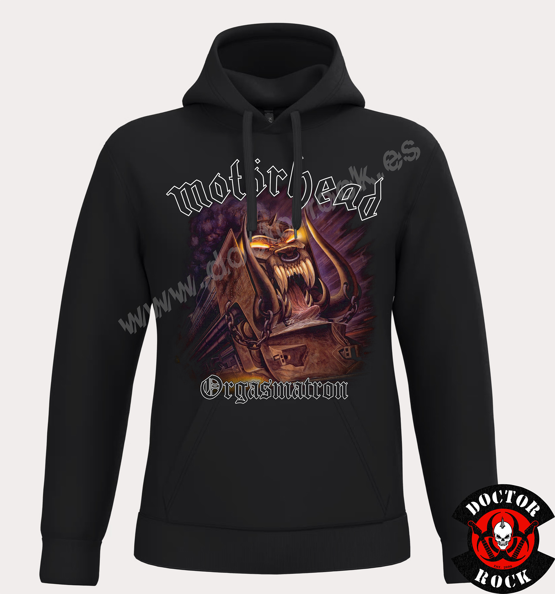 Sudadera negra Motörhead Orgasmatron con capucha, bolsillo canguro y locomotora monstruosa