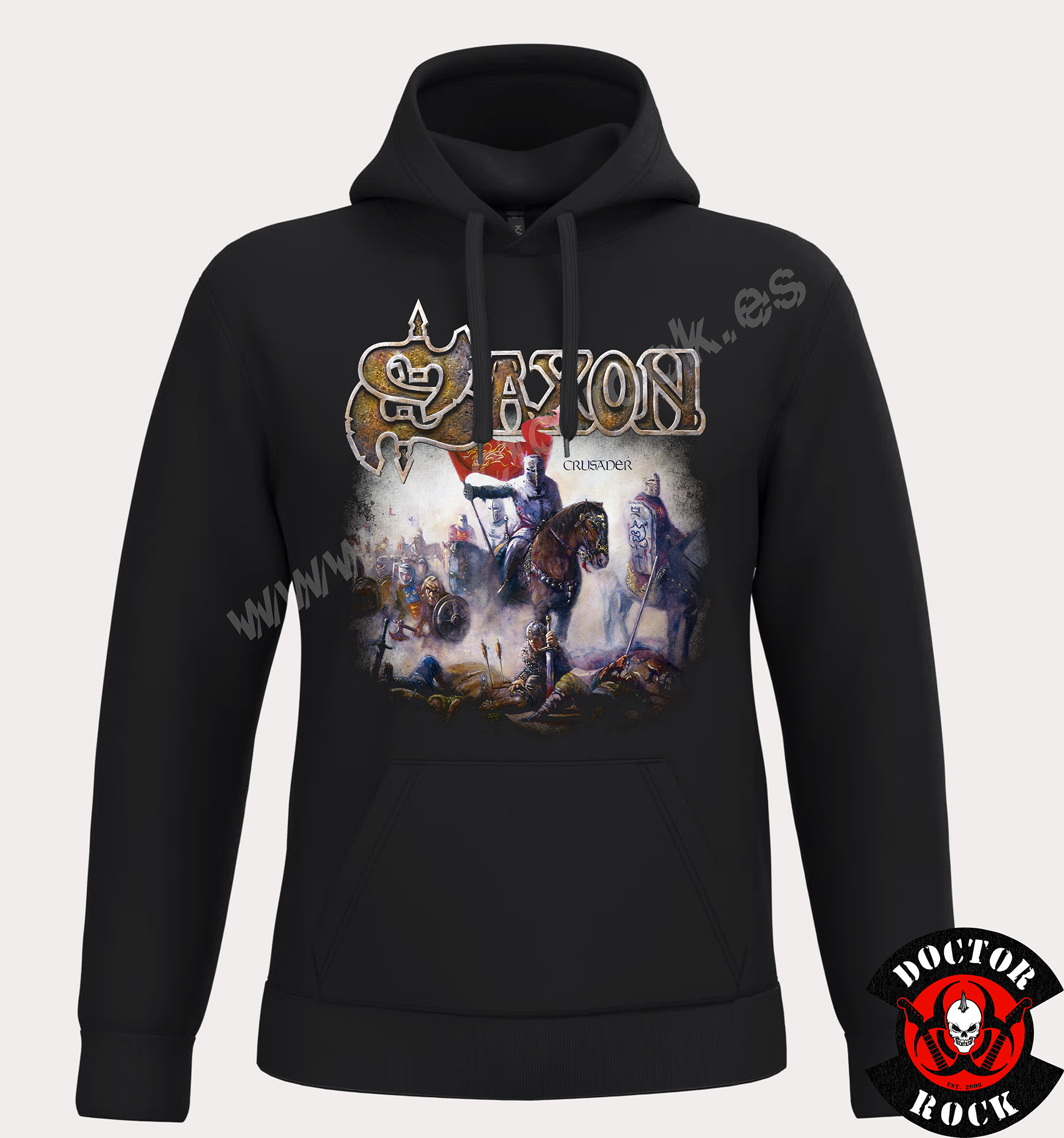 Sudadera negra Saxon Crusader con capucha, bolsillo canguro y caballero medieval