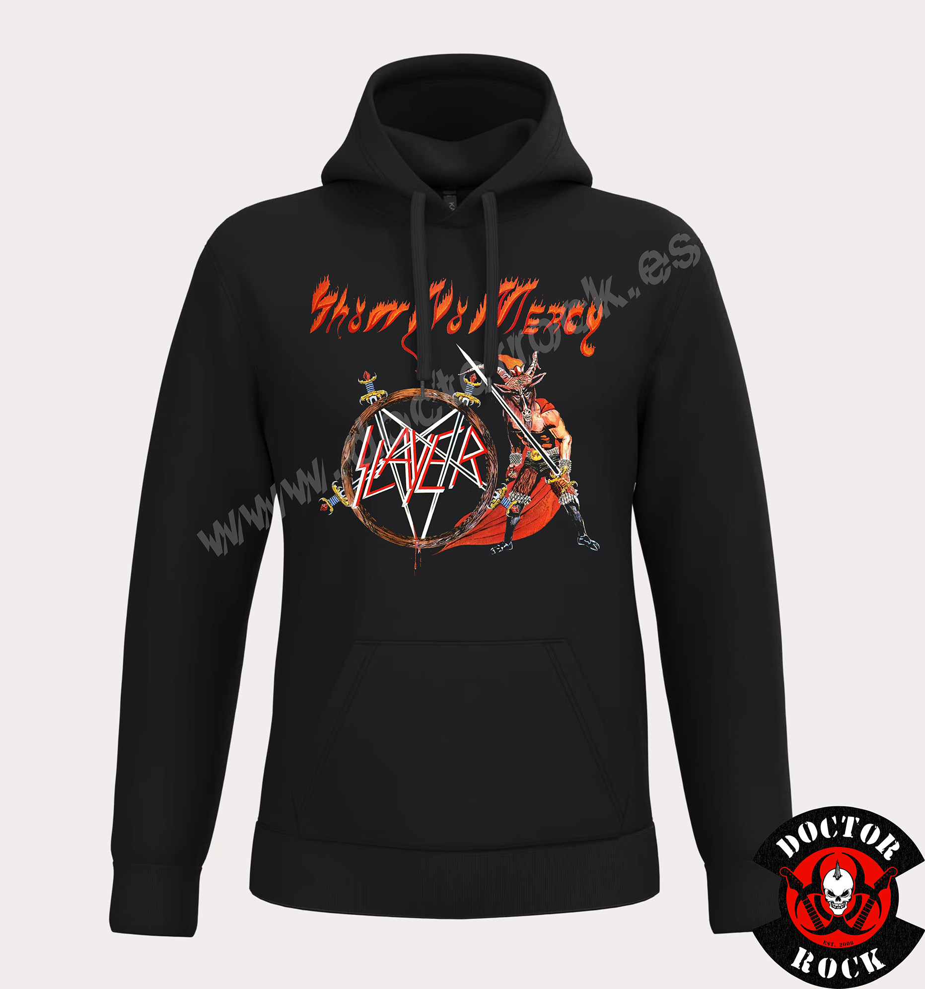 Sudadera negra Slayer Show No Mercy con capucha, bolsillo canguro y estampación frontal