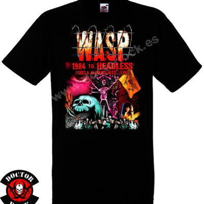 Camiseta negra W.A.S.P. 1984 to Headless con collage de sus cuatro primeros álbumes