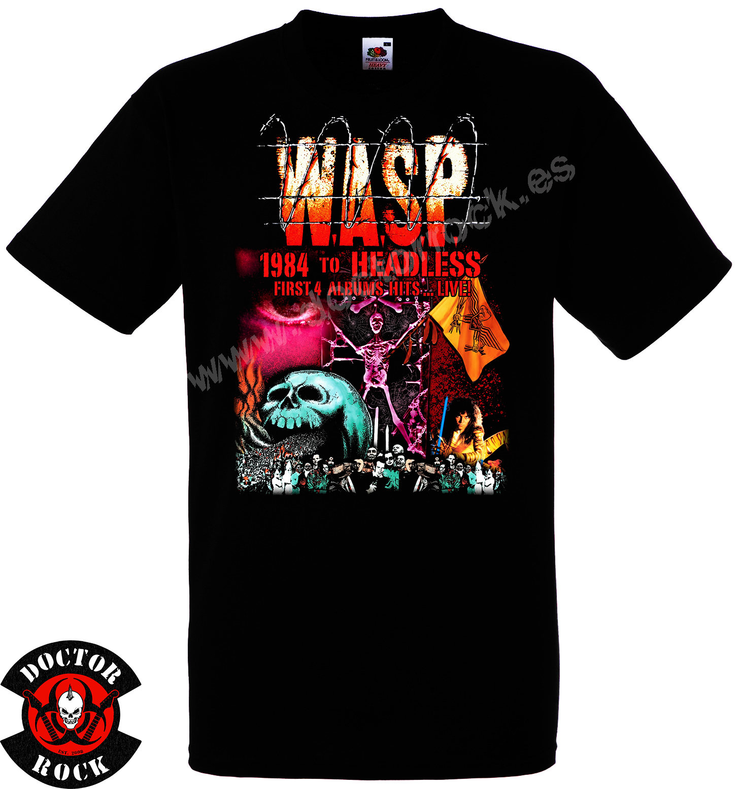 Camiseta negra W.A.S.P. 1984 to Headless con collage de sus cuatro primeros álbumes