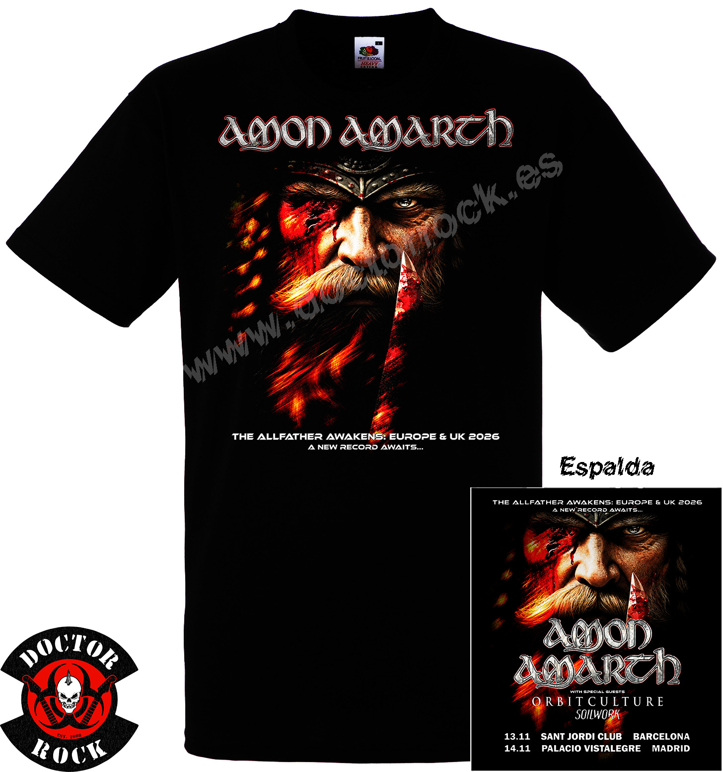 Camiseta Amon Amarth The Allfather Awakens Tour 2026 con doble impresión