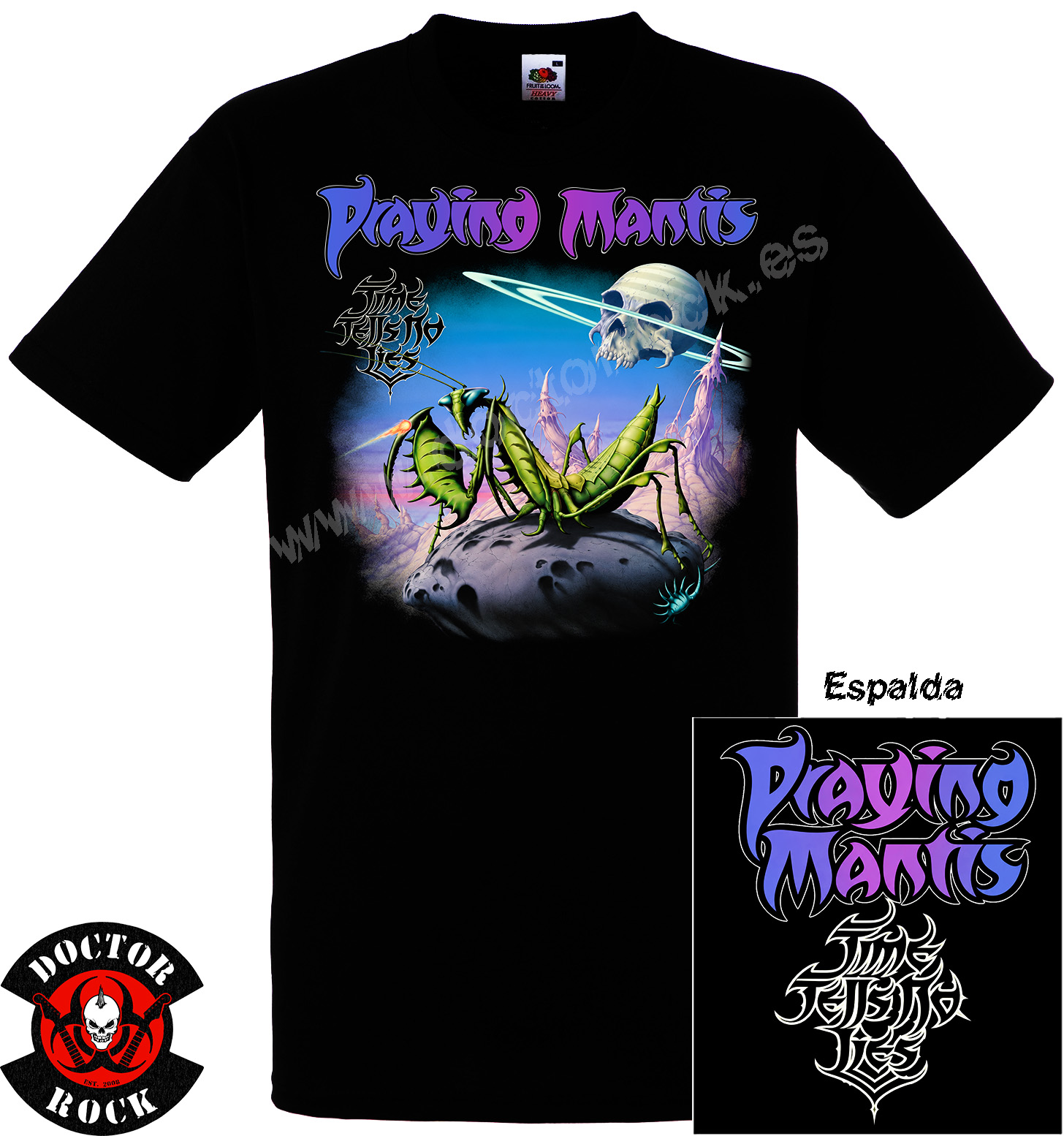 Camiseta negra Praying Mantis Time Tells No Lies con doble impresión