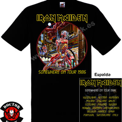 Camiseta Iron Maiden Somewhere on Tour 1986 negra con doble impresión