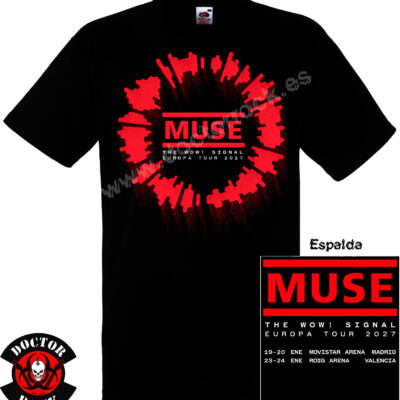 Camiseta negra Muse The Wow Signal Europa Tour 2027 con impresión frontal roja