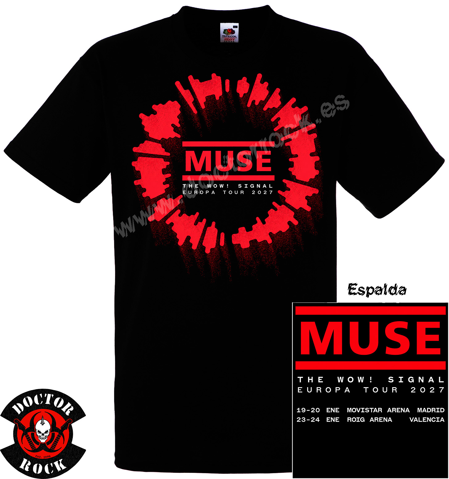 Camiseta negra Muse The Wow Signal Europa Tour 2027 con impresión frontal roja