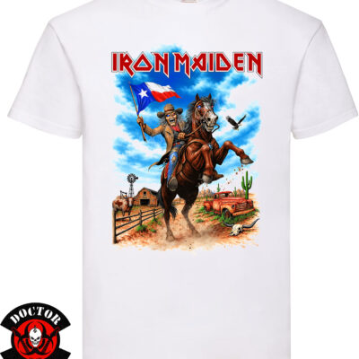 Camiseta blanca Iron Maiden Texas 2026 de 100% algodón con Eddie a caballo