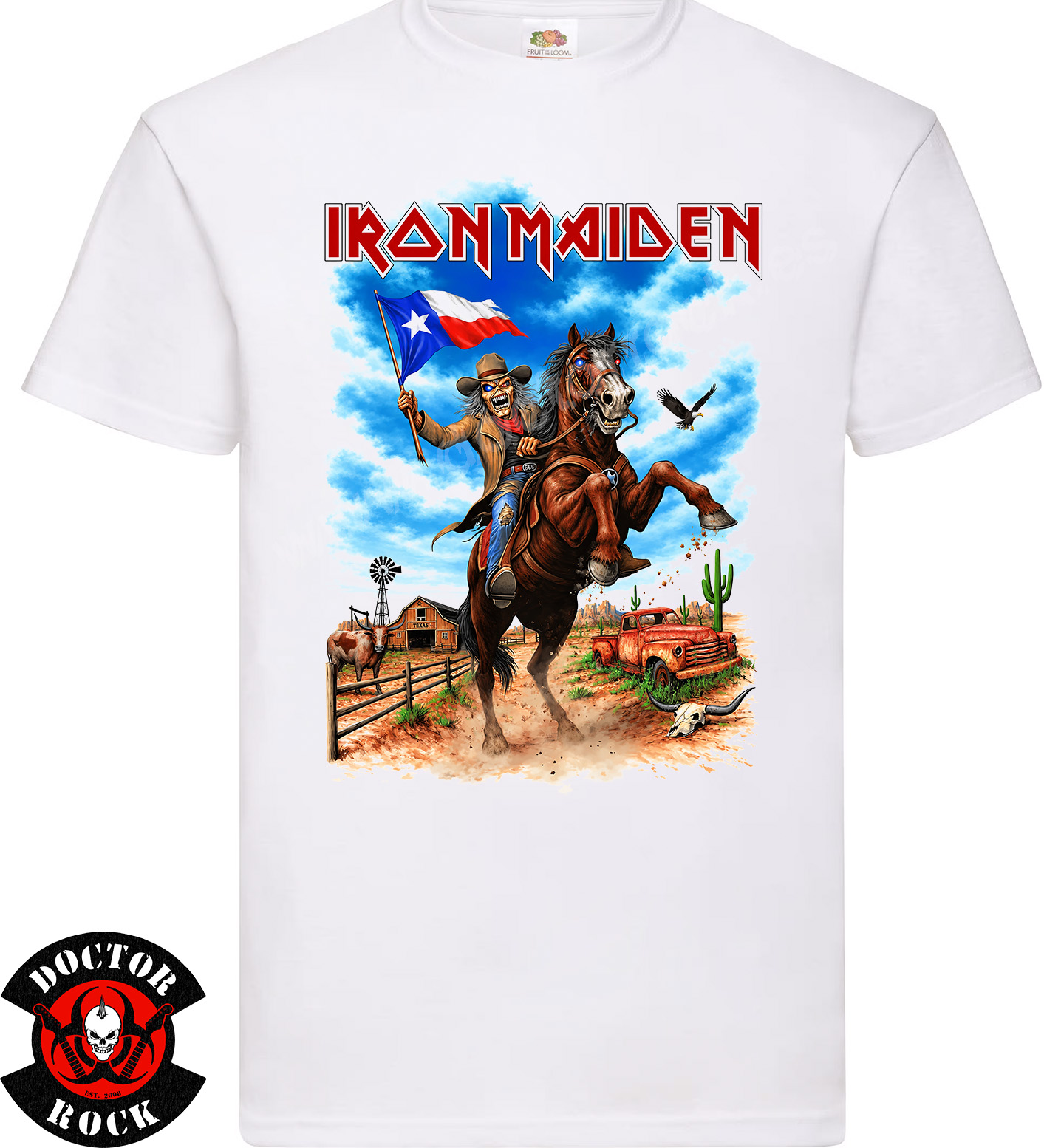 Camiseta blanca Iron Maiden Texas 2026 de 100% algodón con Eddie a caballo