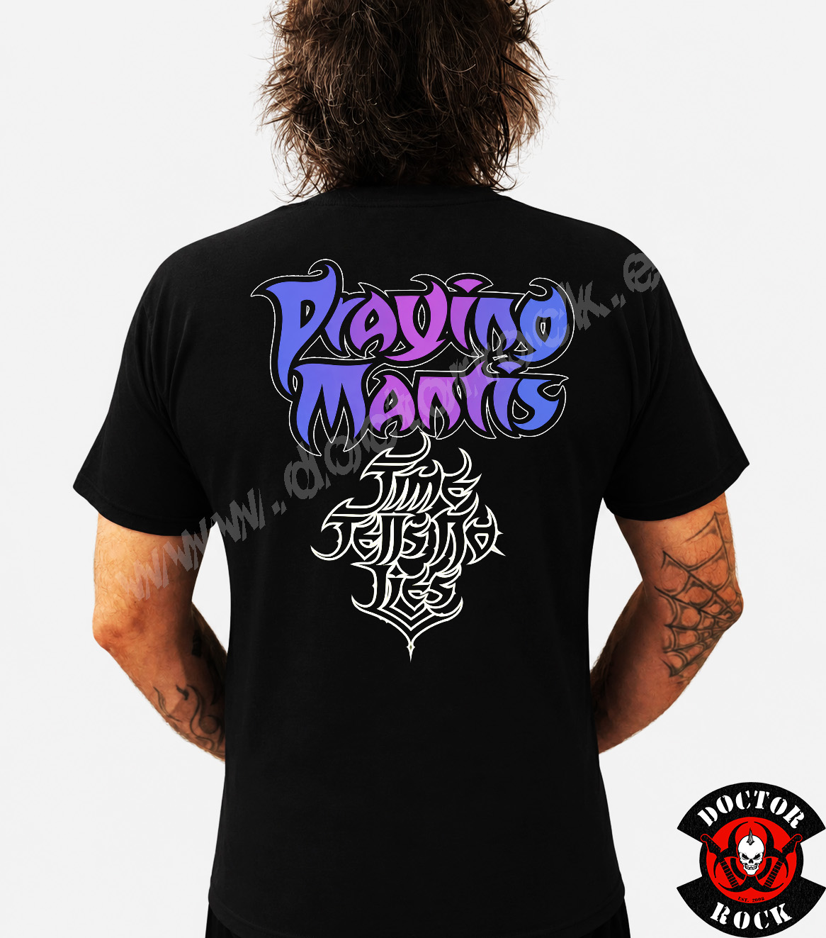 Espalda de camiseta Praying Mantis con logotipo y título Time Tells No Lies