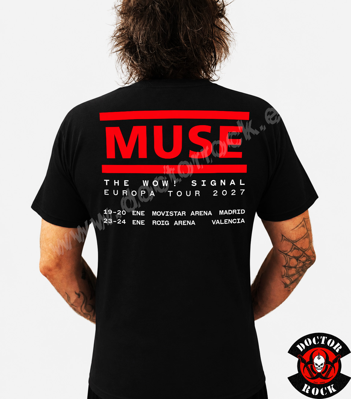 Espalda de camiseta Muse Tour 2027 con fechas de Madrid y Valencia